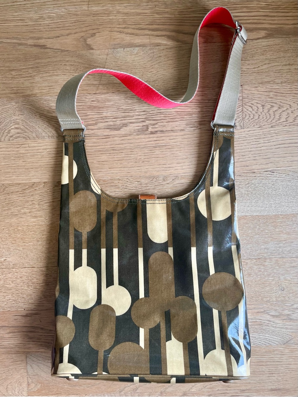 Orla Kiely Brown & Tan Geometric Coated Shoulder Bag with Orange-trim Strap